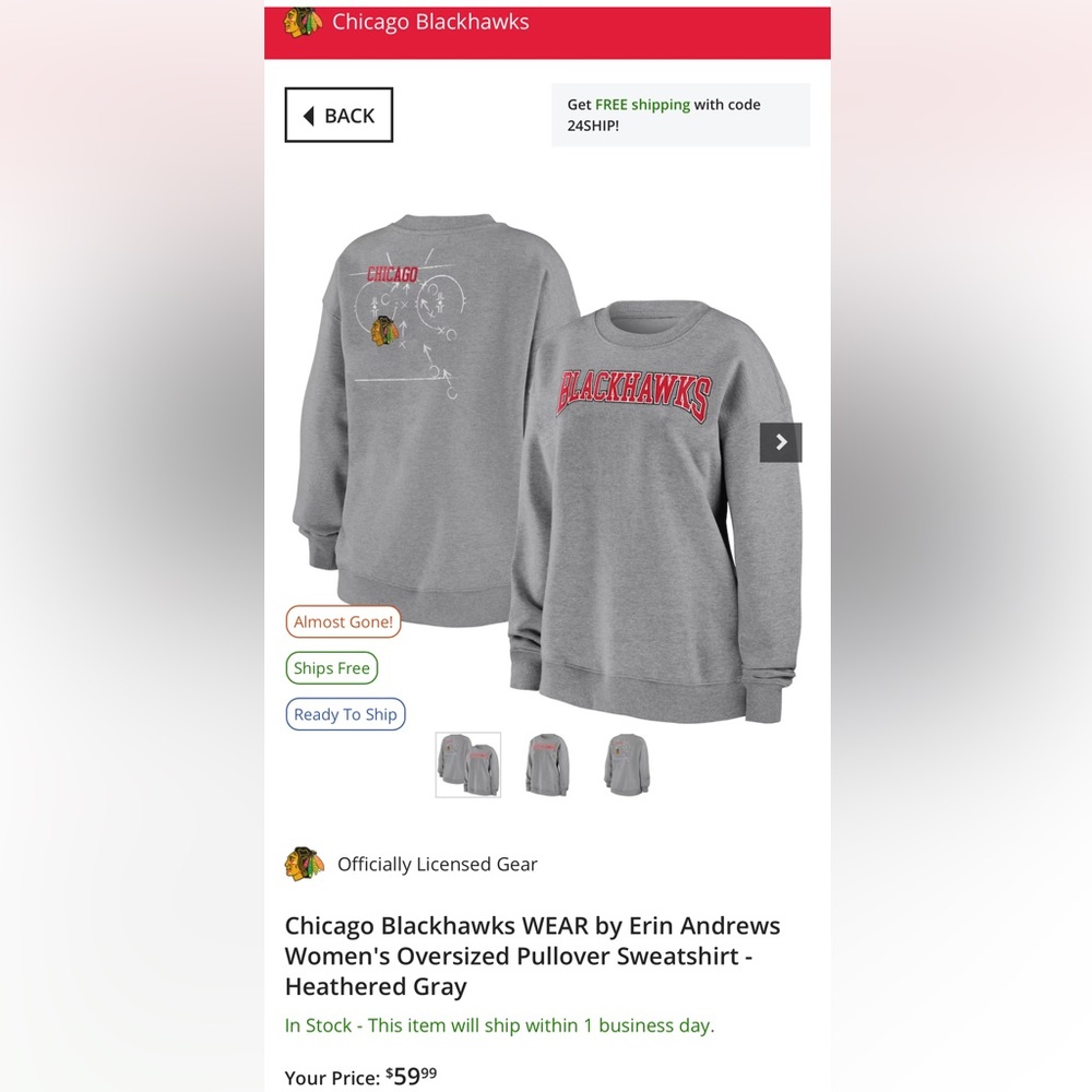 Chicago Blackhawks WEAR by Erin Andrews Women's Oversized Gray  Sweatshirt